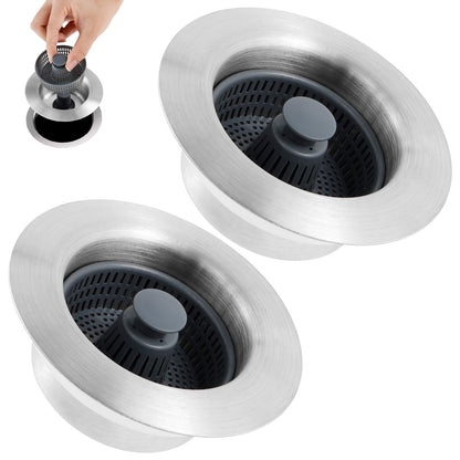 2Pcs Upgraded 3 in 1 Kitchen Sink Drain Strainer and Stopper Combo, Stainless Steel Metal Pop Up Sink Stopper Kitchen Sink Stopper Anti-Clogging Basket Strainer for US Standard 3-1/2 Inch Drain