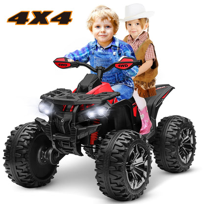 24V Electric Powered Off-Road ATV for Big Kids w/ Remote Control, 4WD Ride on Quad 4-Wheeler, up to 5.5 MPH, Music, Red01