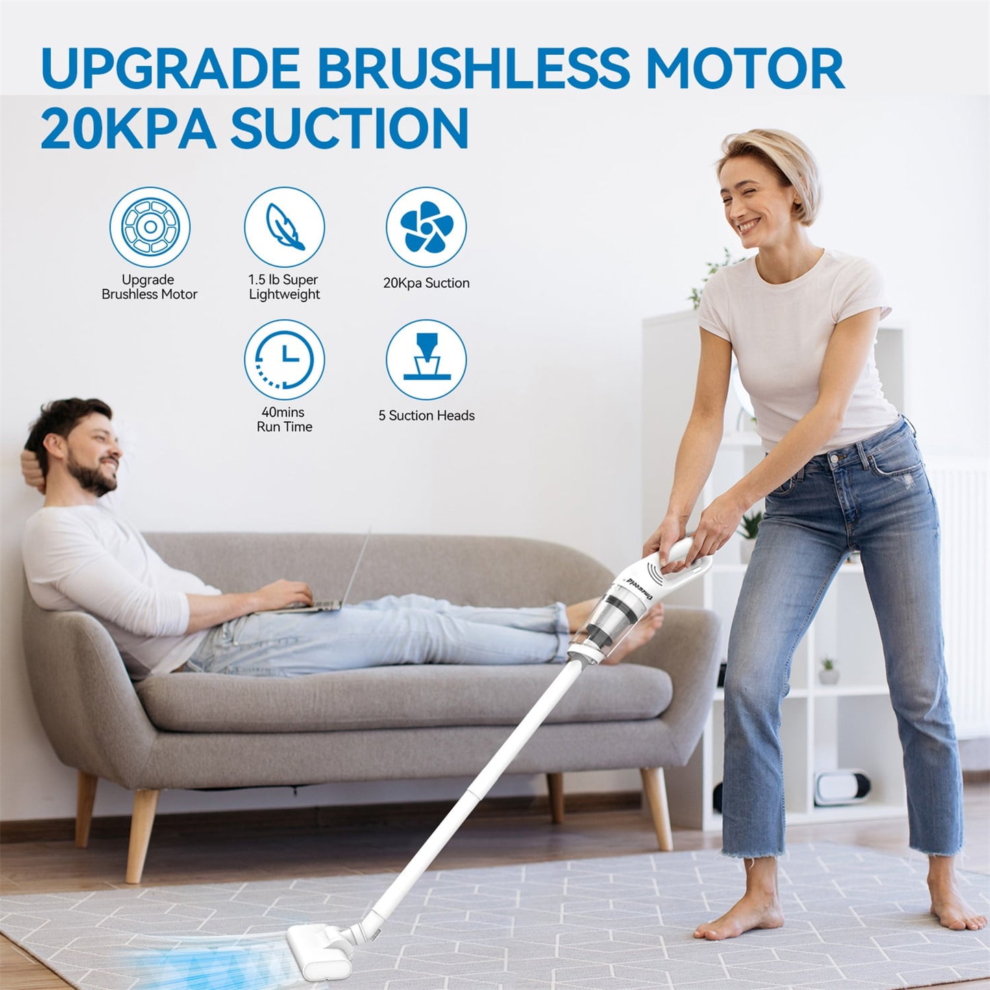 Cordless Stick Vacuum Cleaners, Lightweight Cordless Vacuum 20 Kpa 40 Mins Max Runtime,5-in-1 Handheld Vacuum for Home Hard Floor Carpet Pet Hair