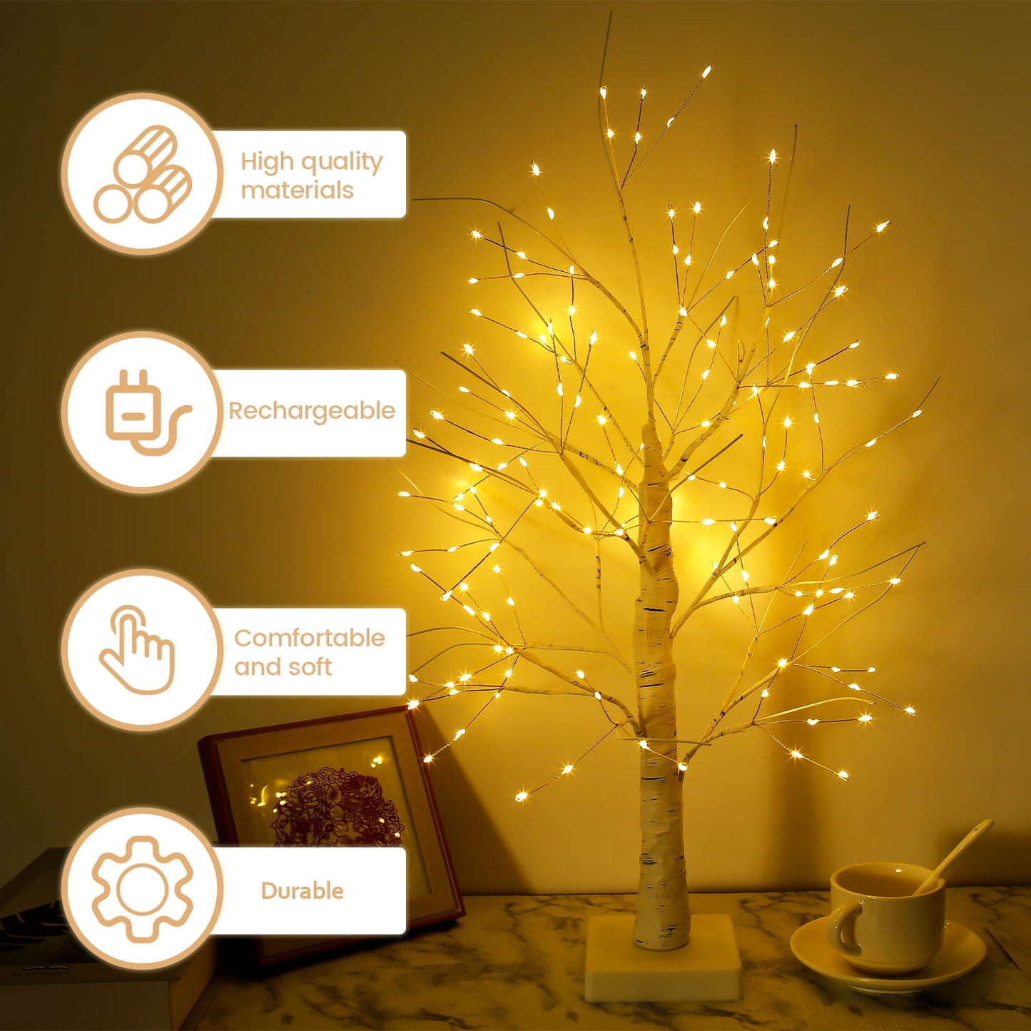 Adifare 2Ft LED Birch Tree Light 144 LED Artificial Tree Lamp with Timer 24in USB/Battery Operated Tabletop Birch Tree Light Decorative for Table Home Bedroom Wedding Party