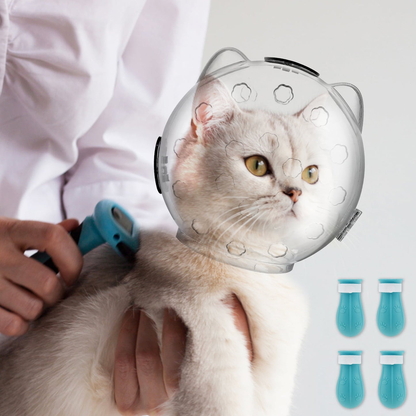 Cat Muzzle for Grooming Breathable Cat Muzzle Helmet Transparent Cat Space Hood Ears Shape Design Cat Bubble Muzzle Cat Anti Bite Helmet with 4 Silicone Paw Shoes for Bath Nail Trimming