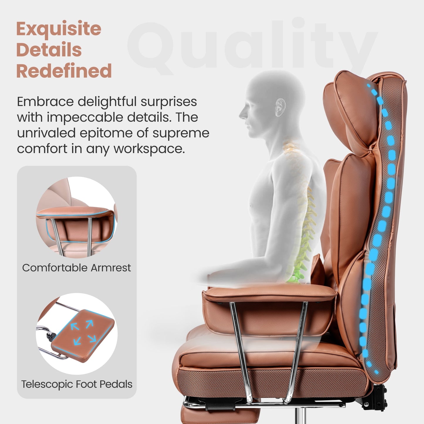 CoolHut Large Executive Leather Office Chair with Footrest, Ergonomic Reclining Design, High Back and Lumbar Support, Ideal for Big and Tall Users, Perfect for Home Office or Computer Desk Use,Brown