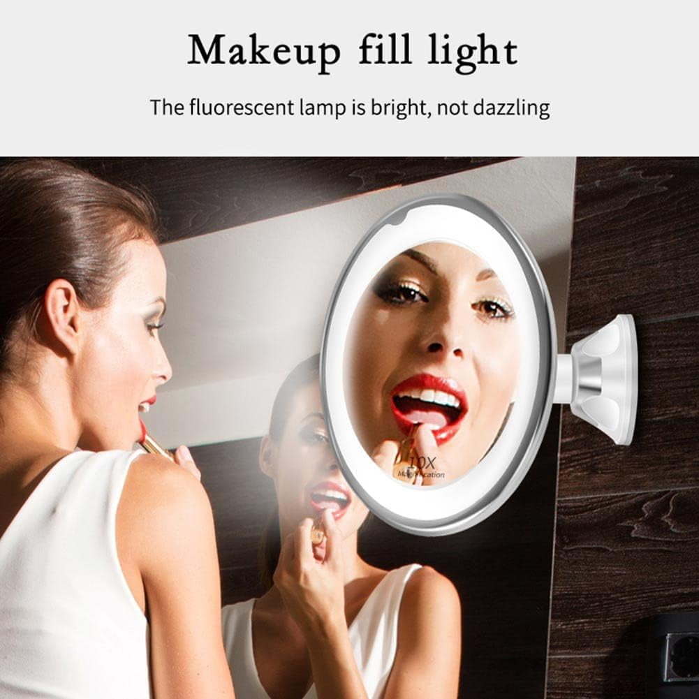 10x Makeup Mirror,Powerful Locking Suction Cup,and 360 Degree Rotating,Magnifying Mirror with Lights for Home, Bathroom and Travel (white)