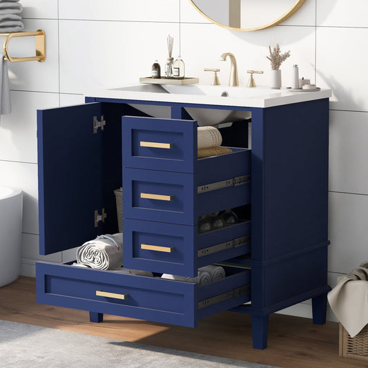 30 Inches Bathroom Vanity with Sink Combo Set and Soft-Close Doors, Modern Bathroom Storage Cabinet with Single Cabinet and 3 Sliding Drawers, Blue