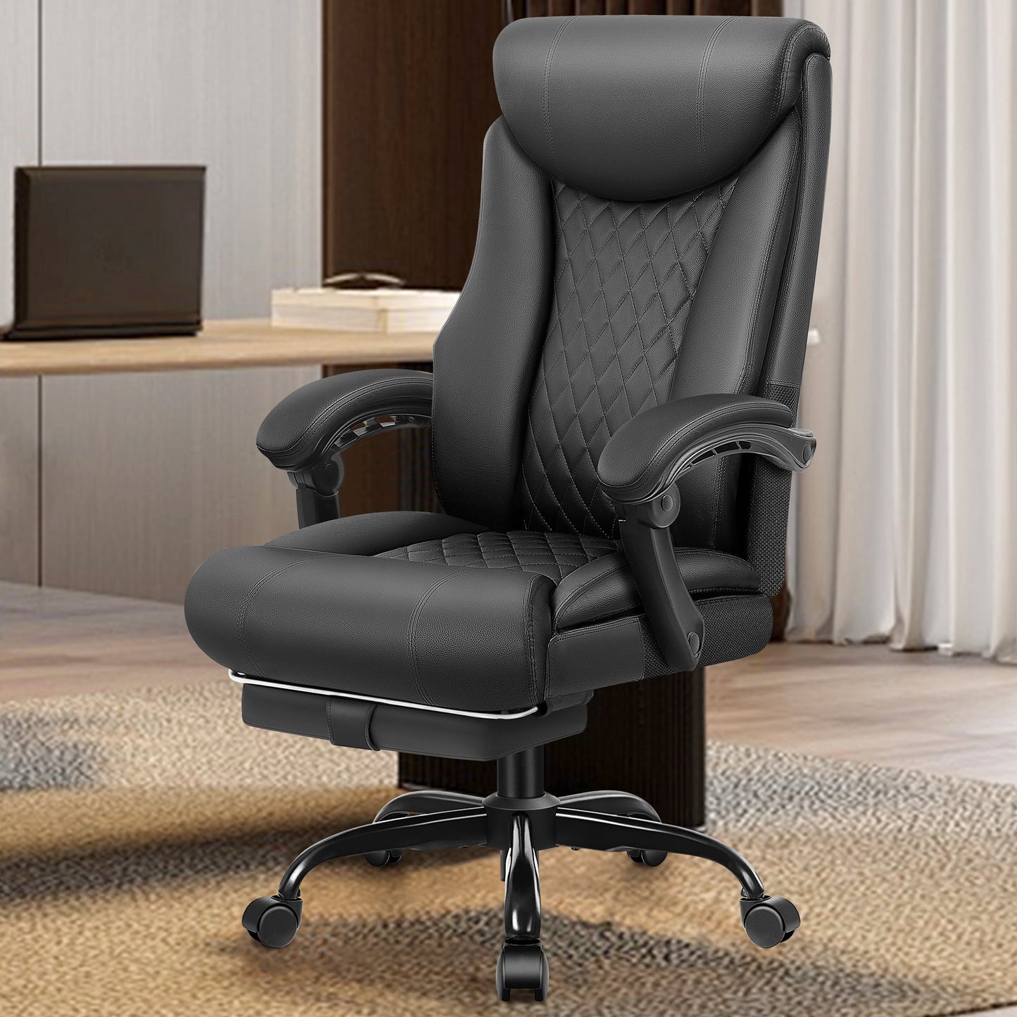 CoolHut Executive Office Chair, Bige and Tall Home Office Chair 500LBS with Footrest, PU Leather Computer Chairs, Heavy Duty Leather Desk Chairs, Black