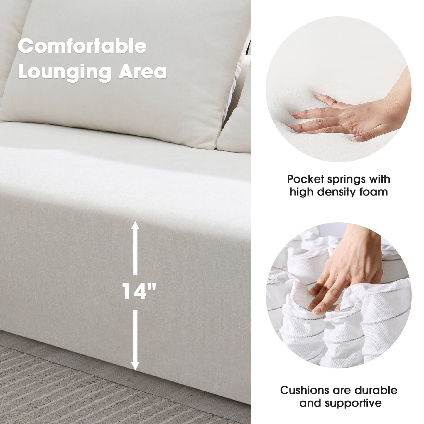 Convertible Modular Sectional Sofa,L Shaped Floor Sofa with Reversible Chaise,Upholstered Sleeper Cloud Sofa for Living Room, Bedroom,Weight Capacity 440lbs / seat,109L*68W*28.5H",White