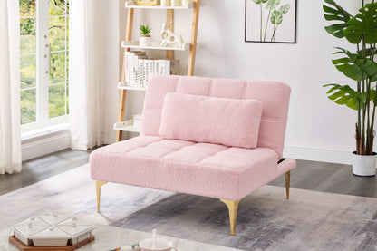 35.5 Inch L Modern Teddy Convertible Single Futon Sofa Bed with 1 Pillow, Multifunctional Armless Futon Chair with Metal Legs, Comfy Sofa Chair for Living Room, Office, Studio, Apartment, Pink