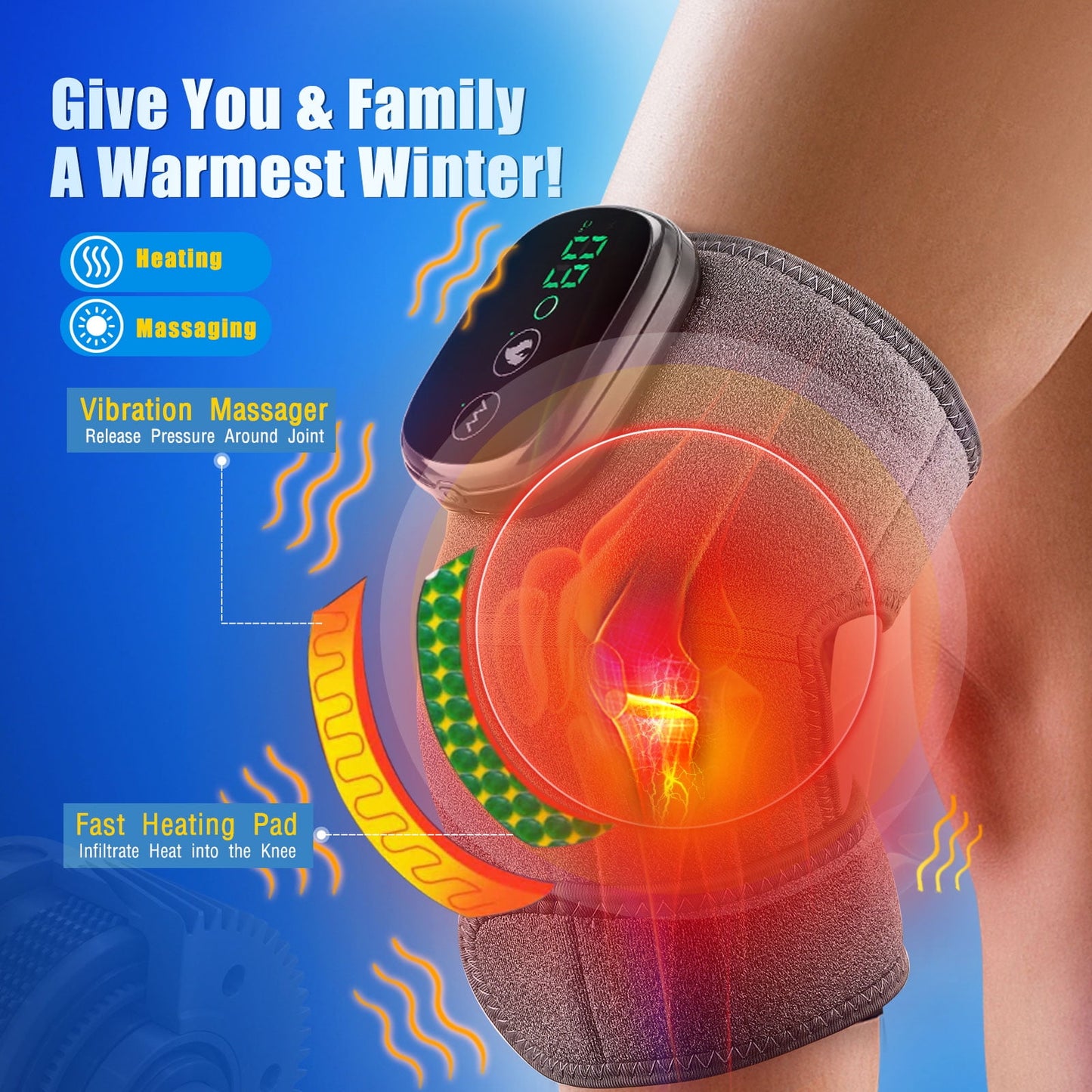 Cordless Knee Massager Shoulder Brace with Heat, 3-In-1 Heated Knee Elbow Shoulder Brace Wrap, Vibration Knee Heating Pad, 3 Vibrations and Heating Modes,Heating Pad for Knee Elbow Shoulder Relax,2Pcs