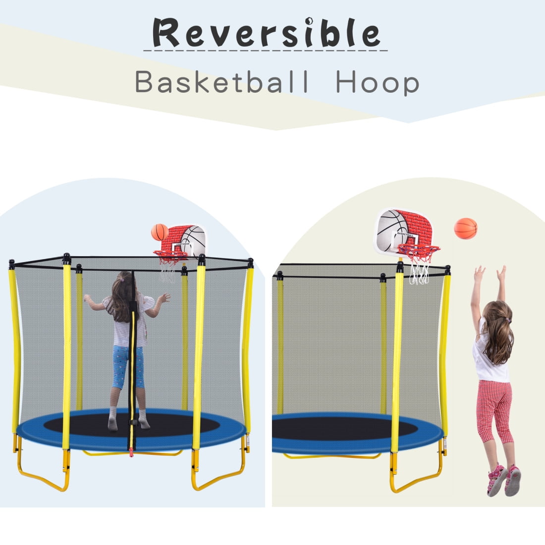 5.5FT Trampoline for Kids,65" Outdoor & Indoor Mini Toddler Trampoline with Enclosure, Basketball Hoop and Ball Included,Recreational Trampoline for Toddler Age 1-6