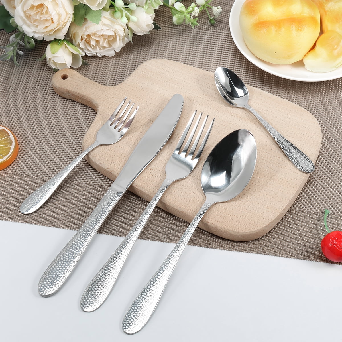 Austok 10 Pcs Silverware Set Service for 2,Stainless Steel Flatware Set,Hammered Flatware Utensil Set,Mirror Polished Cutlery Utensil Set,Includes Forks Knives and Spoons,Dishwasher Safe,Silver