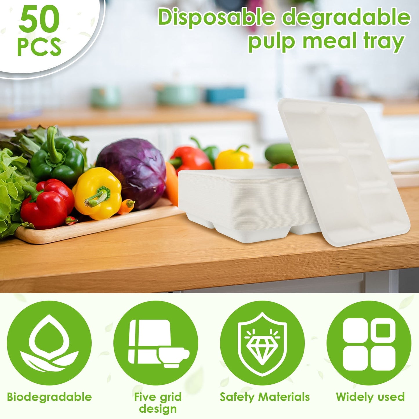 100% Compostable 5 Compartment Plates,50Pack Disposable Paper Plates,Heavy-Duty Biodegradable Sugarcane Plates,Eco-Friendly School Lunch Trays