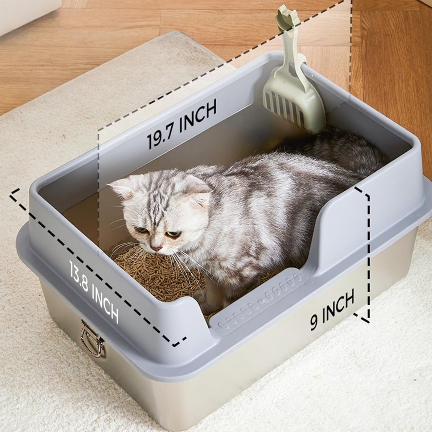 YCFUN Cat Litter Box with High Sided Open Top, Large Stainless Steel Litter Box with Cat Litter Shovel