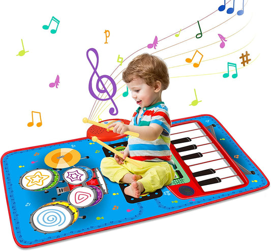 XTeduToys Baby 2 in 1 Musical Mats Piano Keyboard & Drum for Toddlers-Early Education Portable Touch Musical Play mat-Learning Toys Gifts for 1 2 3 4 5+ Ages Baby Girls Boys Toddler（27.2“ x 17.5“）