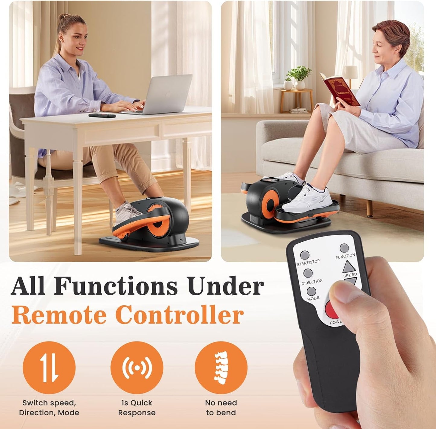 CoolHut Under Desk Elliptical Machine, Ellipse Leg Exerciser for Seniors Fully Assembled, Quiet & Portable Electric Seated Pedal Exerciser with Remote Control & 12 Adjustable Speeds, Orange