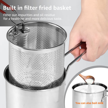 Deep Fryer with Strainer Basket and Handle Stainless Steel Fry Pot Durable Food Grade Outdoor Fryer with Lid Portable Food Cooking Pot for Frying Fish Shrimp Chicken and Fries