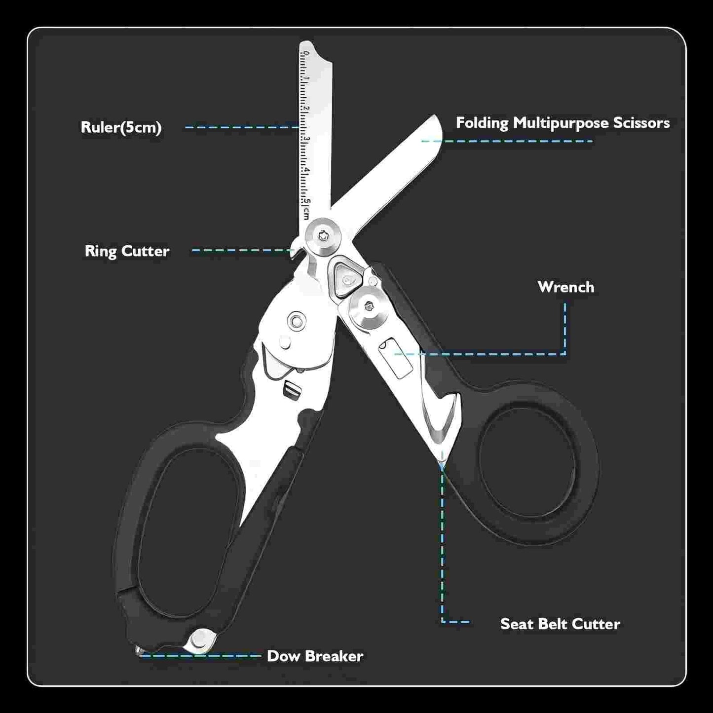 6-in-1 Multifunctional Scissors, Stainless Steel Made Foldablescissors Tool for Medical Emergencies, Outdoor Camping