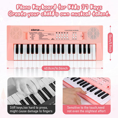 XTeduToys Kids Piano Keyboard, 37 Keys Piano for Kids Music Piano with Microphone Portable Multi-Function Electronic Educational Musical Gift Toys for 3 4 5 6 Year Old Girls Boys Beginners (Pink)