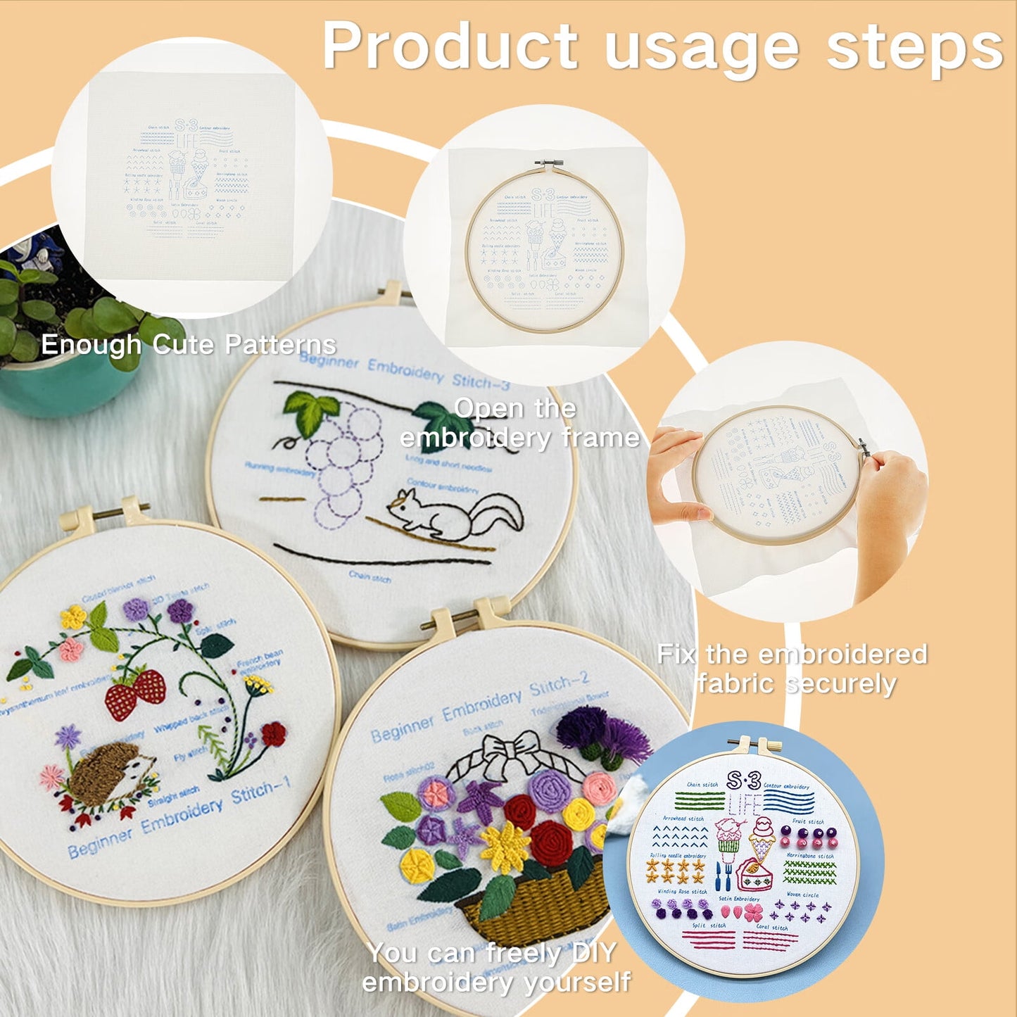 3 Sets Embroidery Kit for Beginners Colorful Patterns Embroidery Stitch Kit Ergonomic Embroidery Stitch Practice Kit with Embroidery Hoop Scissors Threads for DIY Craft