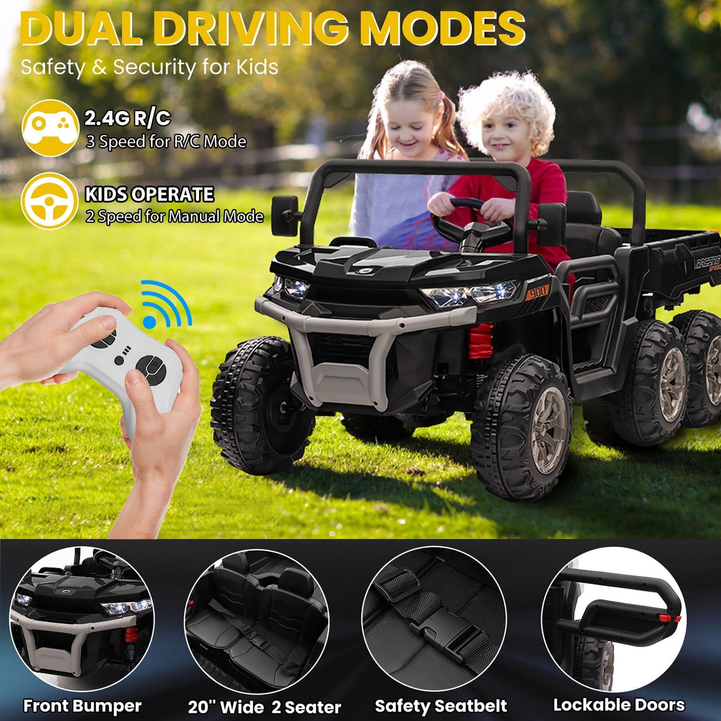 24V Ride on Toys UTV with Remote Control, 4WD 2 Seater Electric Cars for kids,Kids Ride on Dump truck w/ Tipping Bucket Trailer, Shovel, Spring Suspension, Bluetooth Music, Black