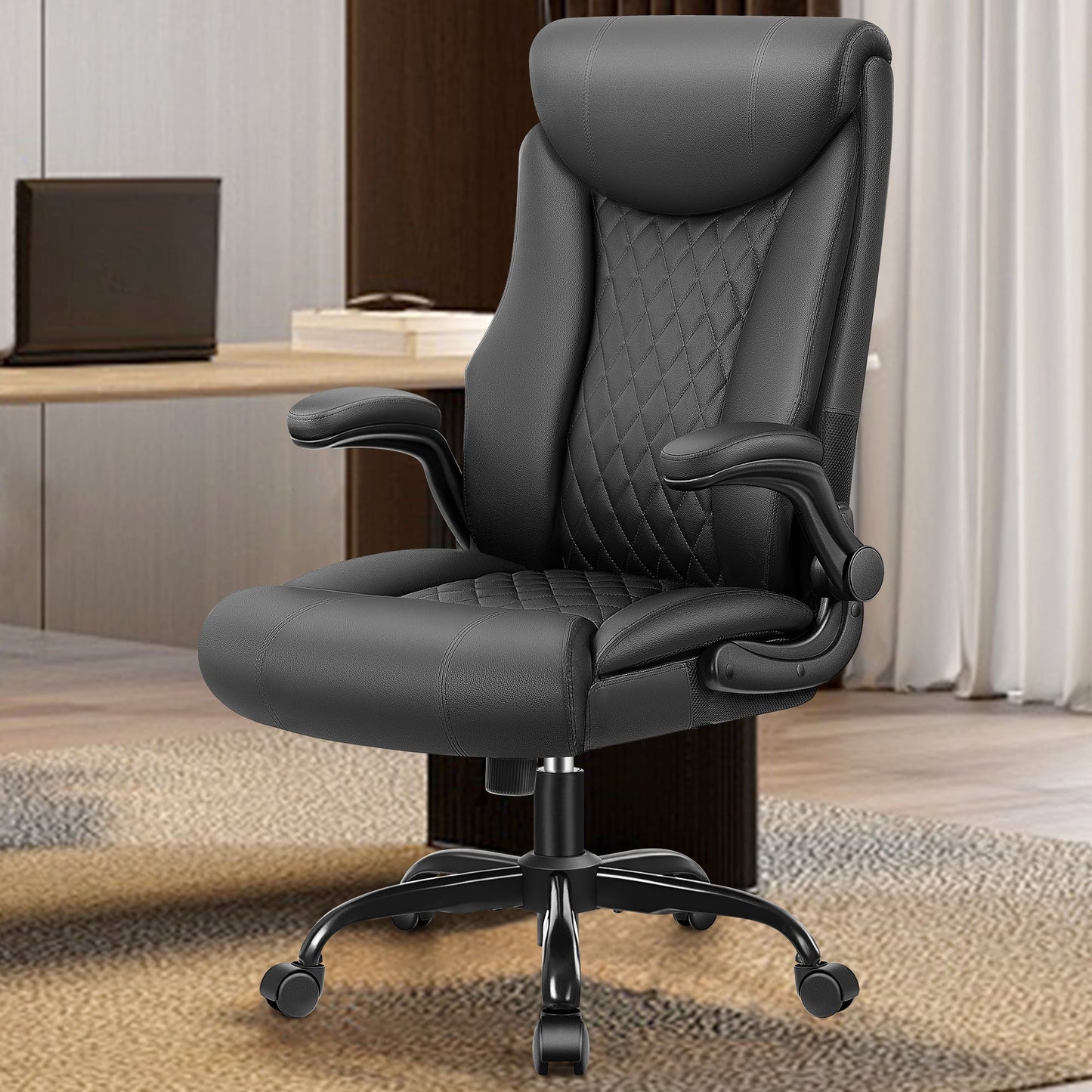 CoolHut Executive Office Chair, Bige and Tall Home Office Chair 500LBS with Adjustable Flip-Up Arm, PU Leather Computer Chairs, Heavy Duty Leather Desk Chairs, Black