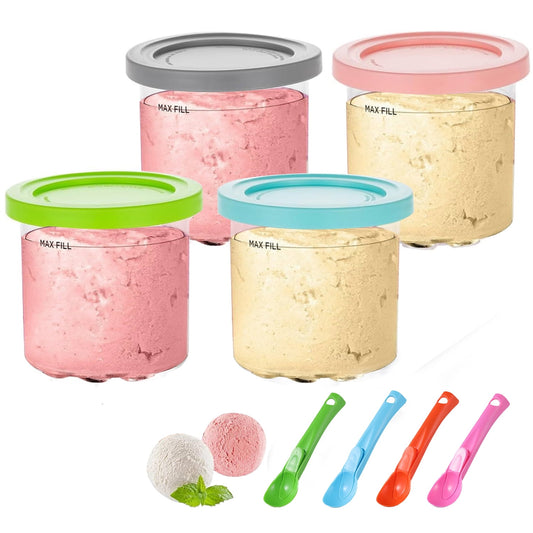 4-Pack Ice Cream Pint Container, Replaces Ninja Creami Pints and Lids, Compatible with NC301 NC300 Series Ice Cream Makers, Dishwasher Safe, with 4 Ice Cream Scoops