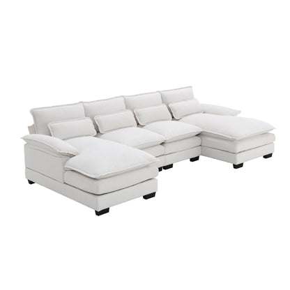 110.6" Sectional Sofa Cloud Couch,U Shaped Sleeper Sofa with Waist Pillows and Backrests, Upholstered 6 Seat Cloud Couch with Chaise Lounge and Cushions for Living Room,Apartment,Office,White