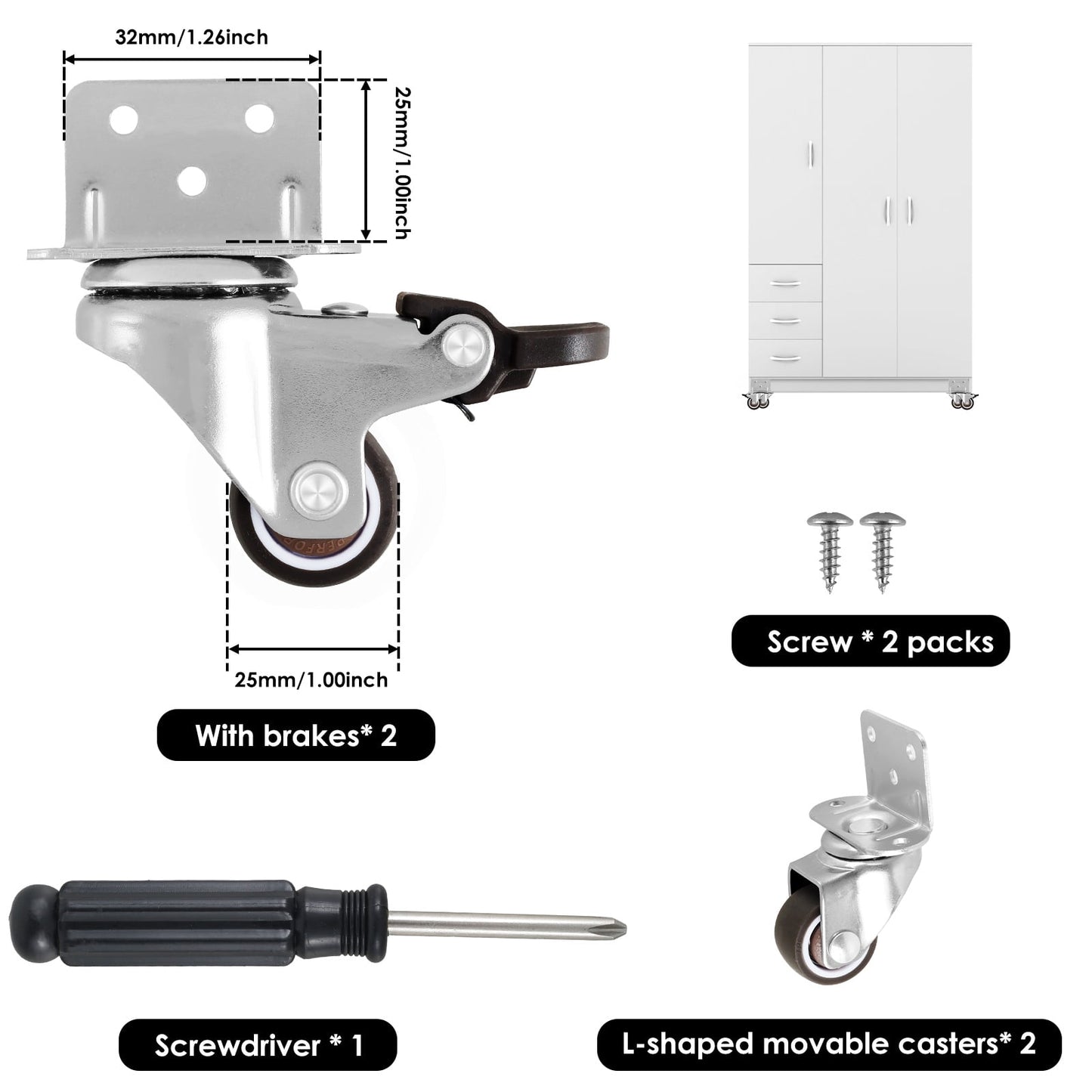 Adifare 4Pcs Caster Wheels,1/1.5/2inch L ShapedSoft Rubber Side Mount Caster Wheel 90° Right Angle Furniture Swivel Castor with Brake 10kg Load Capacity for Cabinet