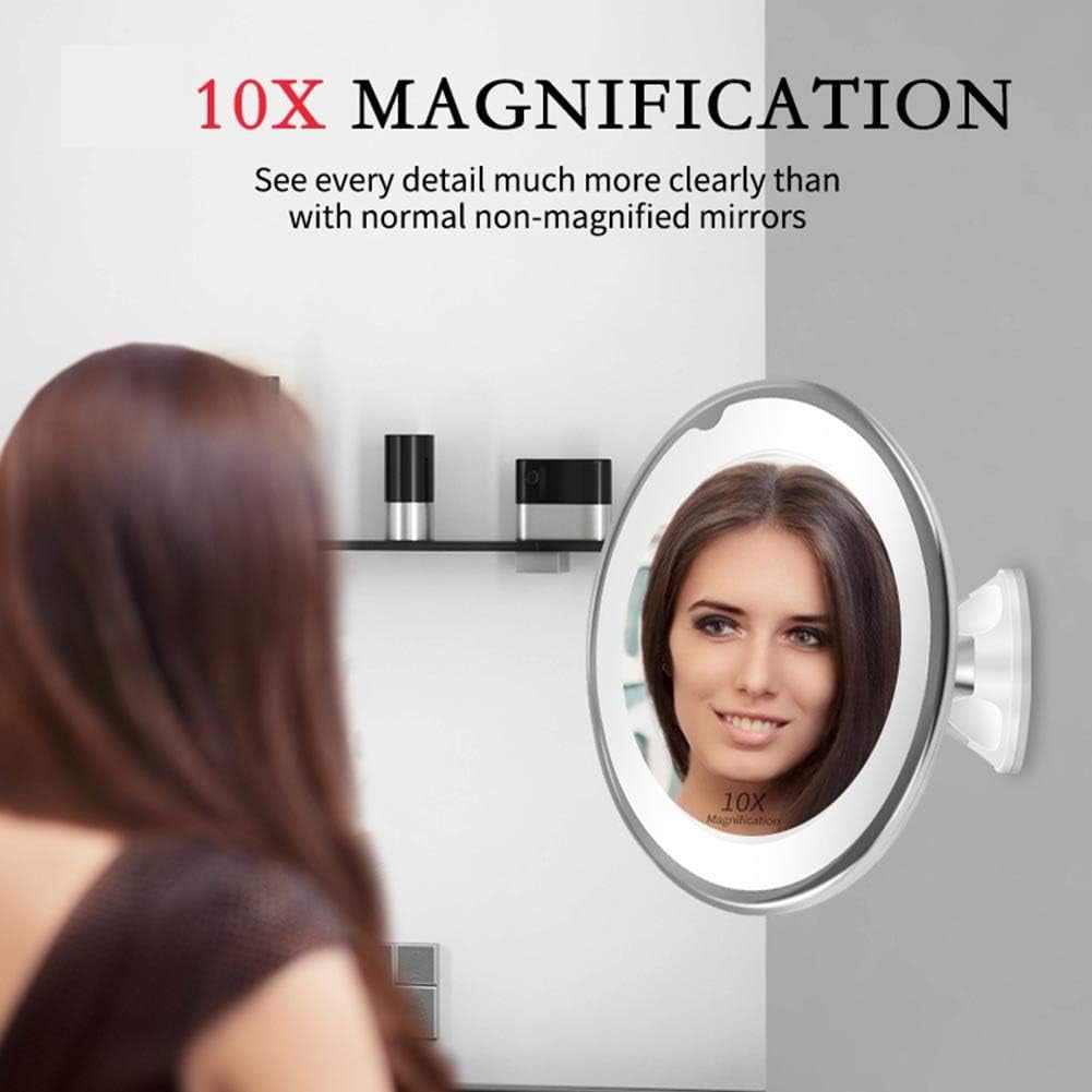 10x Makeup Mirror,Powerful Locking Suction Cup,and 360 Degree Rotating,Magnifying Mirror with Lights for Home, Bathroom and Travel (white)