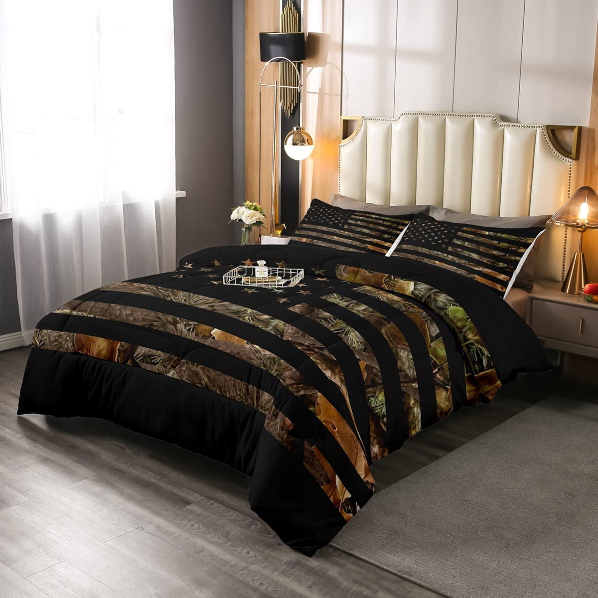 American Flag Camo Comforter Set Full,Military Hunting Bedding Set Rustic Trees Leaves Camouflage Comforter for Boys Teens Kids Man Bedroom Nature Conifer Oak Branches Bedding Quilt Set 3 Pcs