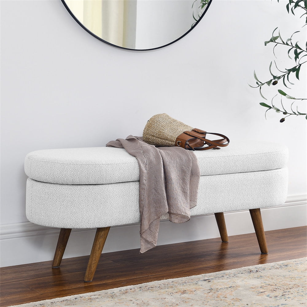 43.5" Oval Storage Ottoman Bench with Solid Wood Legs, Linen Fabric Upholstered Entryway Bench with Safety Hinge, Indoor Bench for End of Bed, Sofa Side, Entryway