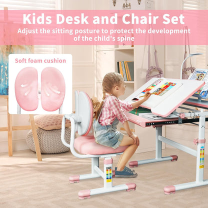 DEYGIA Kids Table and Chairs Set, Adjustable Activity Kids Desk with LED Lamp and Storage Drawer for Ages 3-12 Years