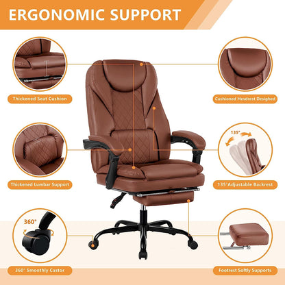 Coolhut Executive Office Chair, Big and Tall Office Chair with Foot Rest Reclining Leather Chair High Back Lumbar Support Ergonomic Office Chair with Padded Armrests