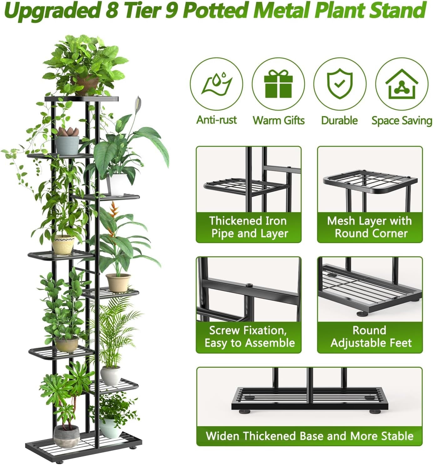 BueDeHai 8 Tier 9 Potted Metal Plant Stand Indoor, Black Plant Shelf Outdoor Flower Pot Holder Display Rack for Patio