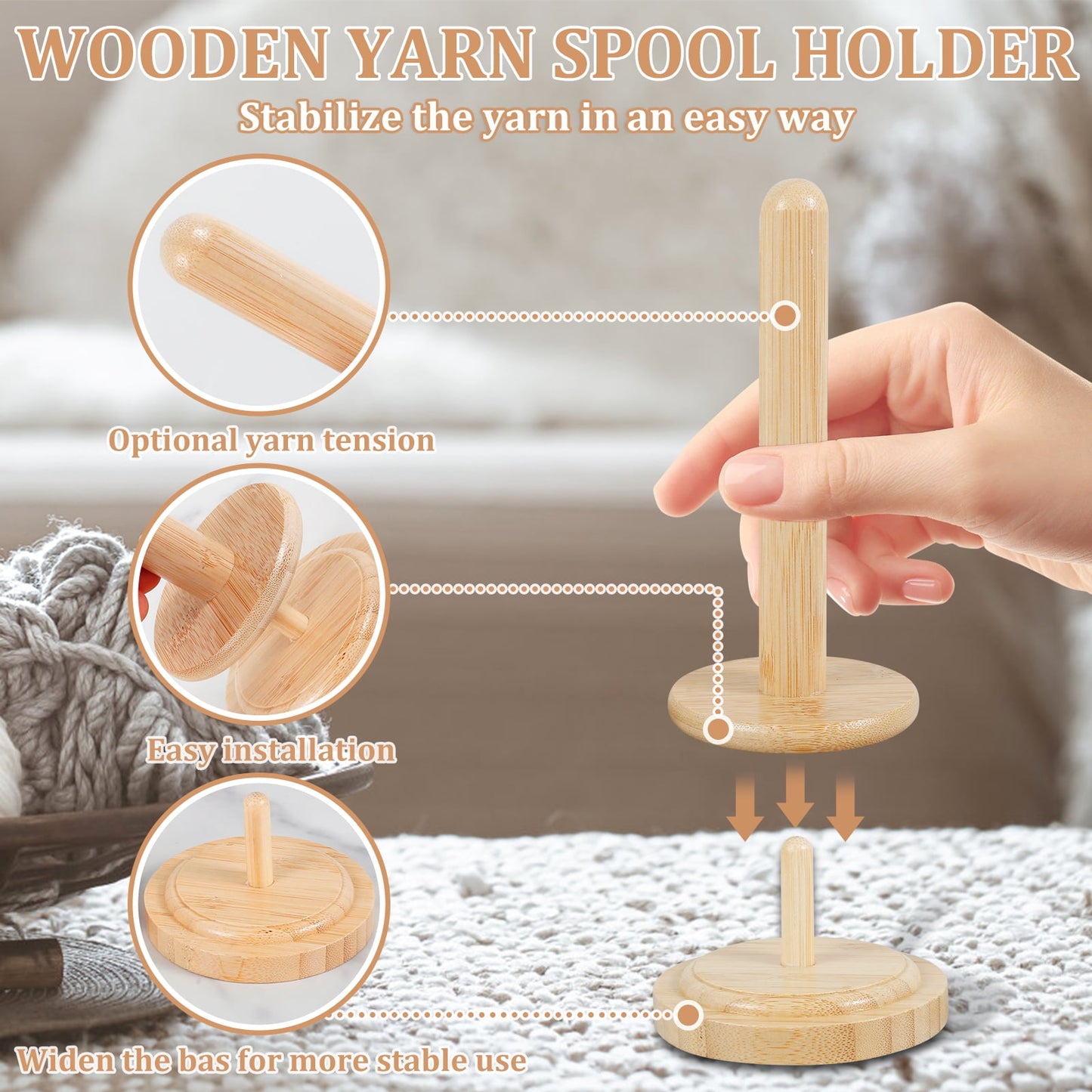 Adifare Wooden Yarn Holder Rotatable Bamboo Yarn Skein Spinner Revolving Yarn Ball Stand Smooth Yarn Ball Holder Dispenser Crochet Accessory for Knitting Crocheting Yarn