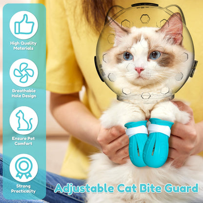 Cat Muzzle for Grooming Breathable Cat Muzzle Helmet Transparent Cat Space Hood Ears Shape Design Cat Bubble Muzzle Cat Anti Bite Helmet with 4 Silicone Paw Shoes for Bath Nail Trimming