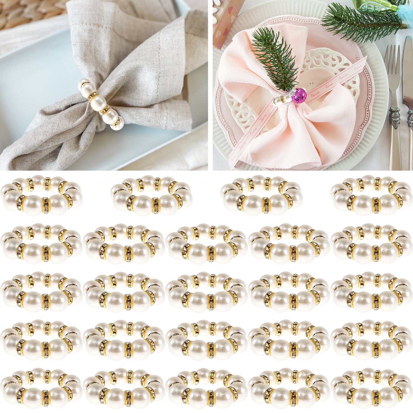 CIVG 24pcs Pearl Napkin Rings Elegant Pearl Beaded Napkin Holder 4cm Stretched Rhinestone Serviette Rings Decorative Beaded Napkins Rings for Wedding Home Table Dinner Party Supplies