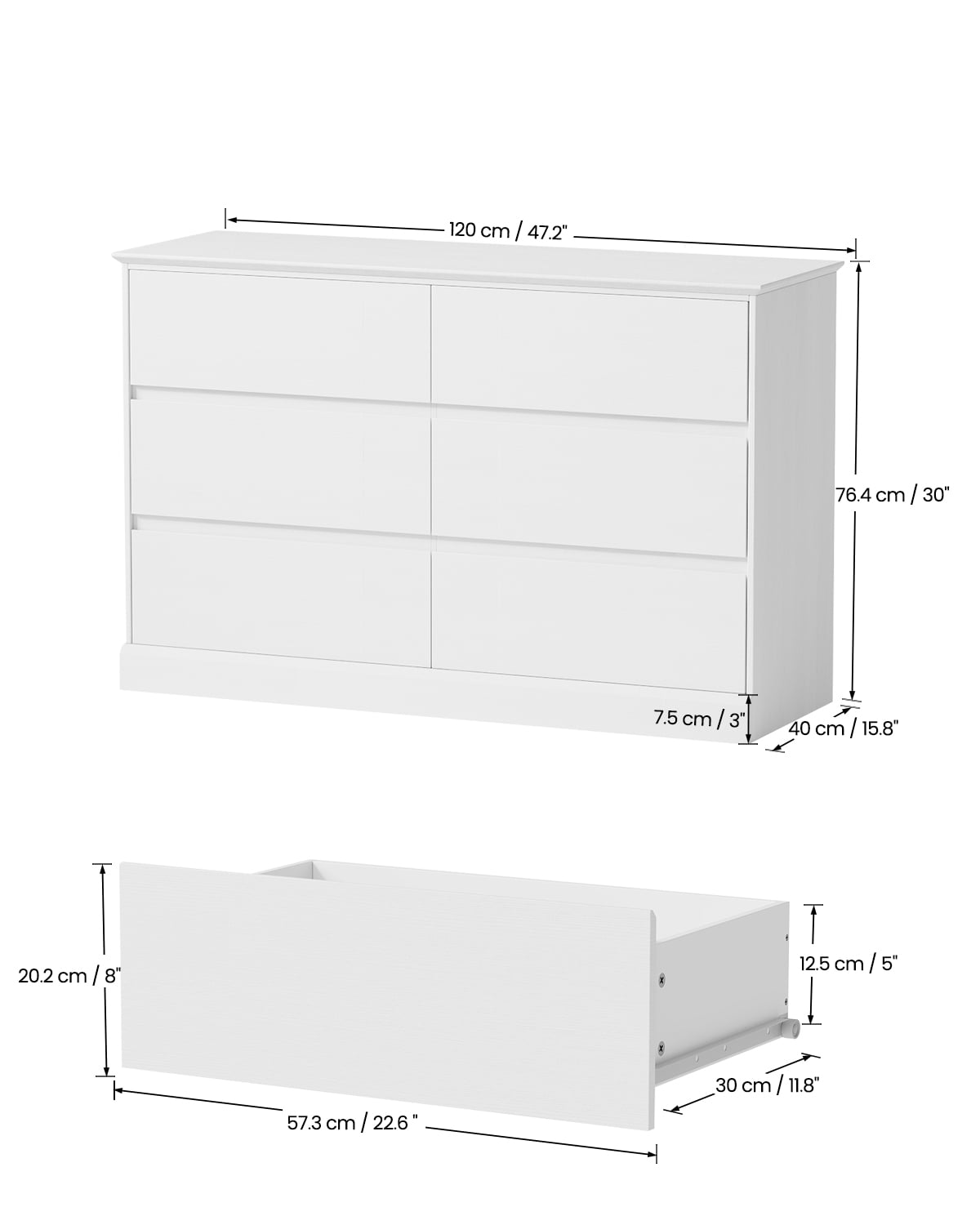 6 White Drawer Dresser Modern Tall Floor Storage Cabinet with Metal Sliding Rail, Wooden Handleless Drawer Cabinet