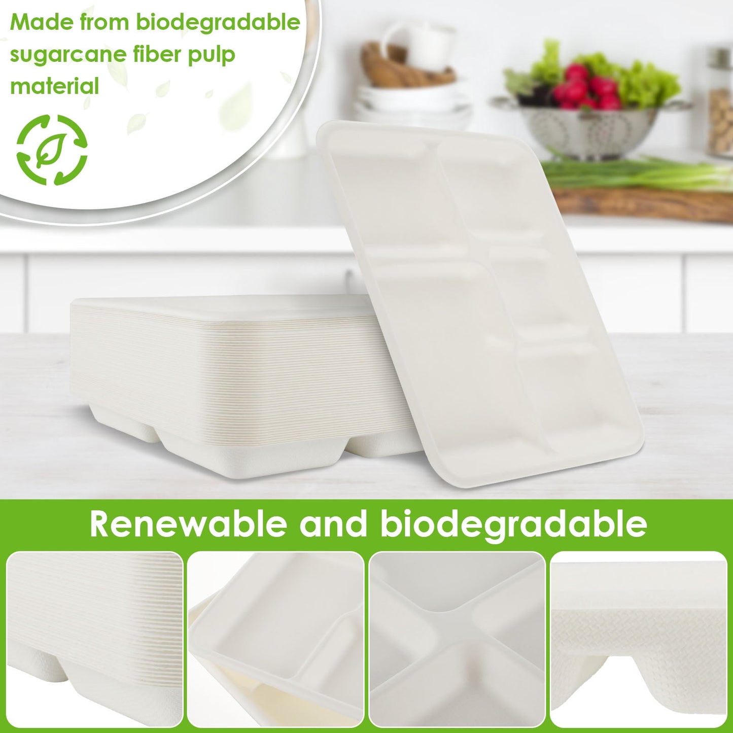 100% Compostable 5 Compartment Plates,50Pack Disposable Paper Plates,Heavy-Duty Biodegradable Sugarcane Plates,Eco-Friendly School Lunch Trays