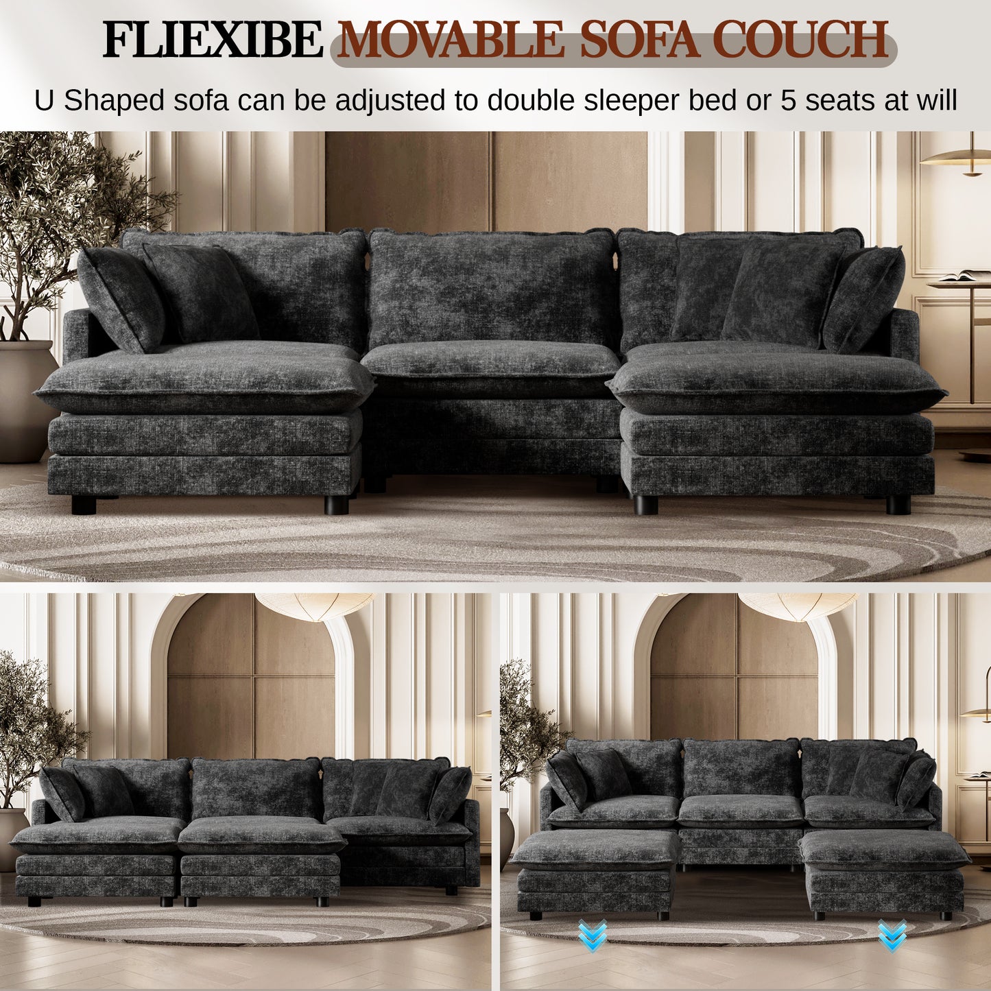 CoolHut U-Shaped Sectional Sofa Set with 2 Ottoman, 3 Seats Sofa Couches with 5 Pillows, Modern Oversized Sofa Set for Living Room, Dark Gray