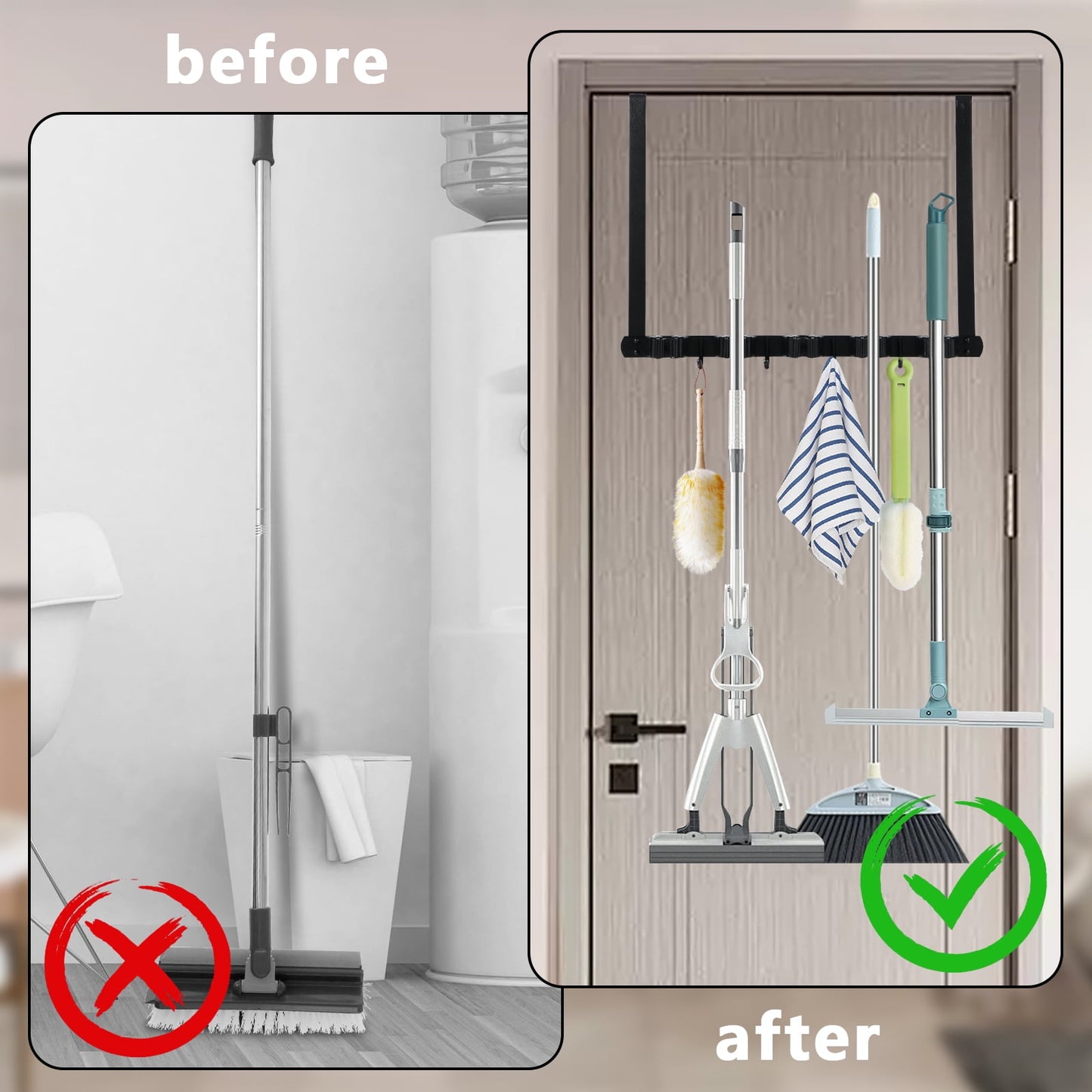 Broom Holder Mop Hanger Wall Mount, Broom Holder Over The Door with 2 Over Door Hooks Stainless Steel Broom Mop Hanger Wall Mounted Garden Tool Rack Organizer