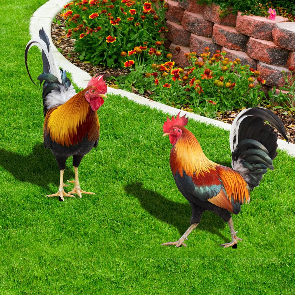 2Pcs Acrylic Rooster Garden Statues & Sculptures, Garden Courtyard Decor, Chicken Yard Art Decor Standing Animal Lawn Ornament for Backyard Patio Outdoor Decor (Not 3D)