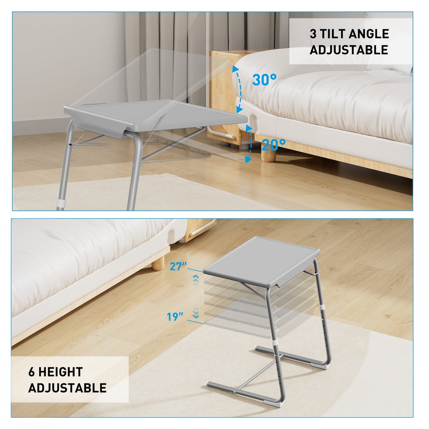 CHITOOMA Adjustable TV Tray Table with Cup Holder, 6 Height & 3 Tilt, Portable TV Dinner Tray for Eating, Bed, Couch, Folding TV Trays, Gray