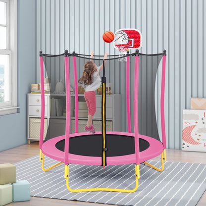 5.5FT Jump Recreational Trampolines for Kids,65" Mini Toddler Trampoline Weight Capacity 220 lbs with Safe Enclosure Net, Basketball Hoop and Ball for Indoor & Outdoor (Pink)