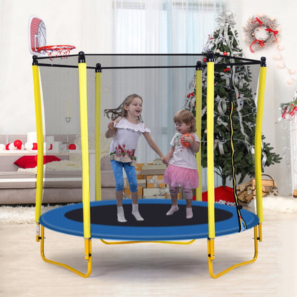 5.5FT Trampoline for Kids,65" Outdoor & Indoor Mini Toddler Trampoline with Enclosure, Basketball Hoop and Ball Included,Recreational Trampoline for Toddler Age 1-6