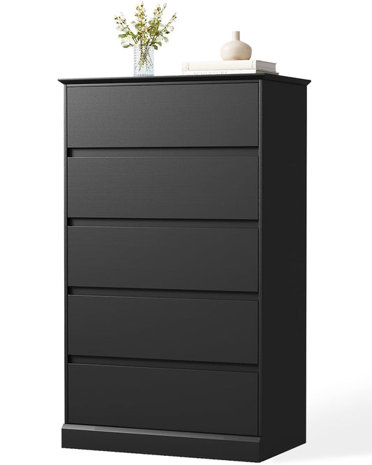 5 Black Drawer Dresser , Modern Tall Floor Storage Cabinet with Metal Sliding Rail, Wooden Handleless Drawer Cabinet, 5-Layer Large Capacity Vertical Dressers for Home & Office