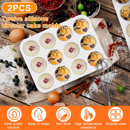 2 Pcs Silicone Muffin Pan for Baking, Metal Reinforced Frame Muffin Pan Nonstick 12 Cups for Oven Baking Easy to Move BPA Free