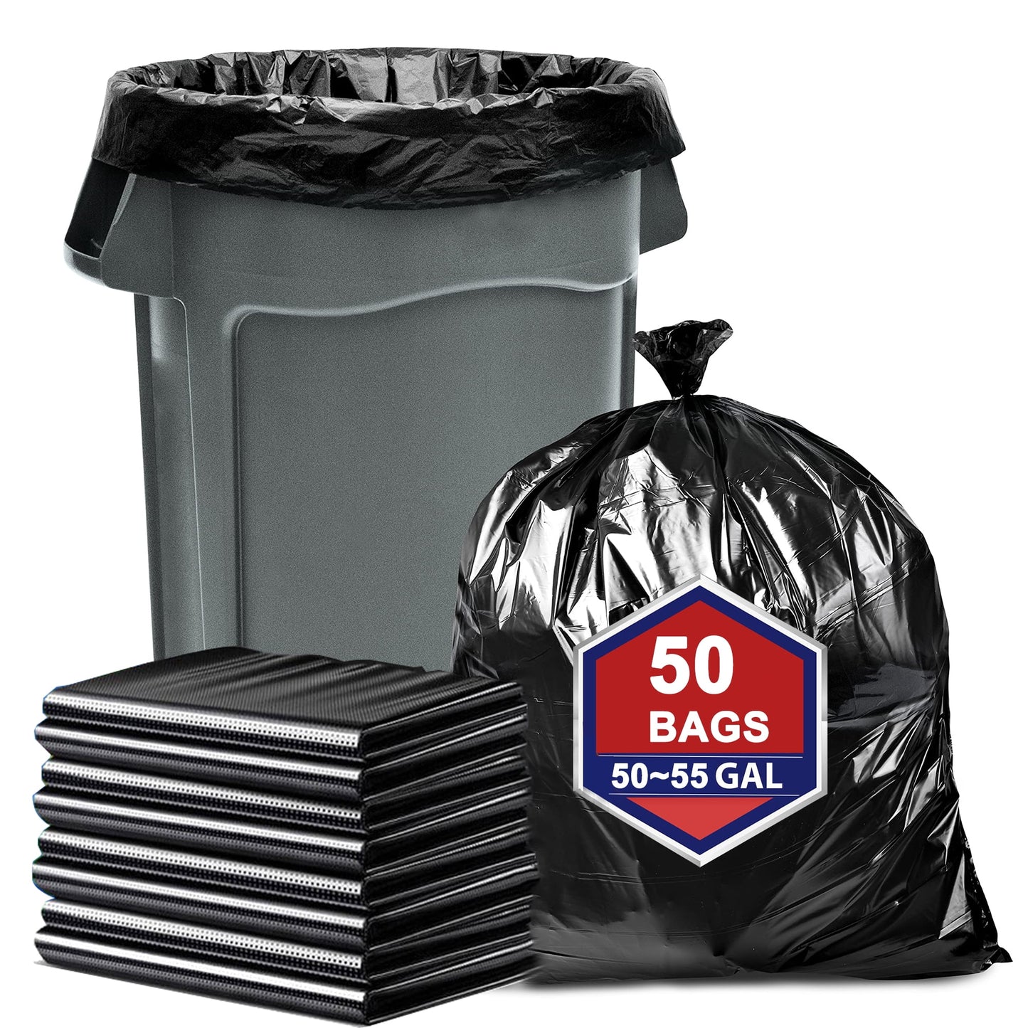 55 Gallon Trash Bags(50 Count), Black Heavy Duty Large Big Garbage Bags Can Yard Lawn Liners 1.5 Mil