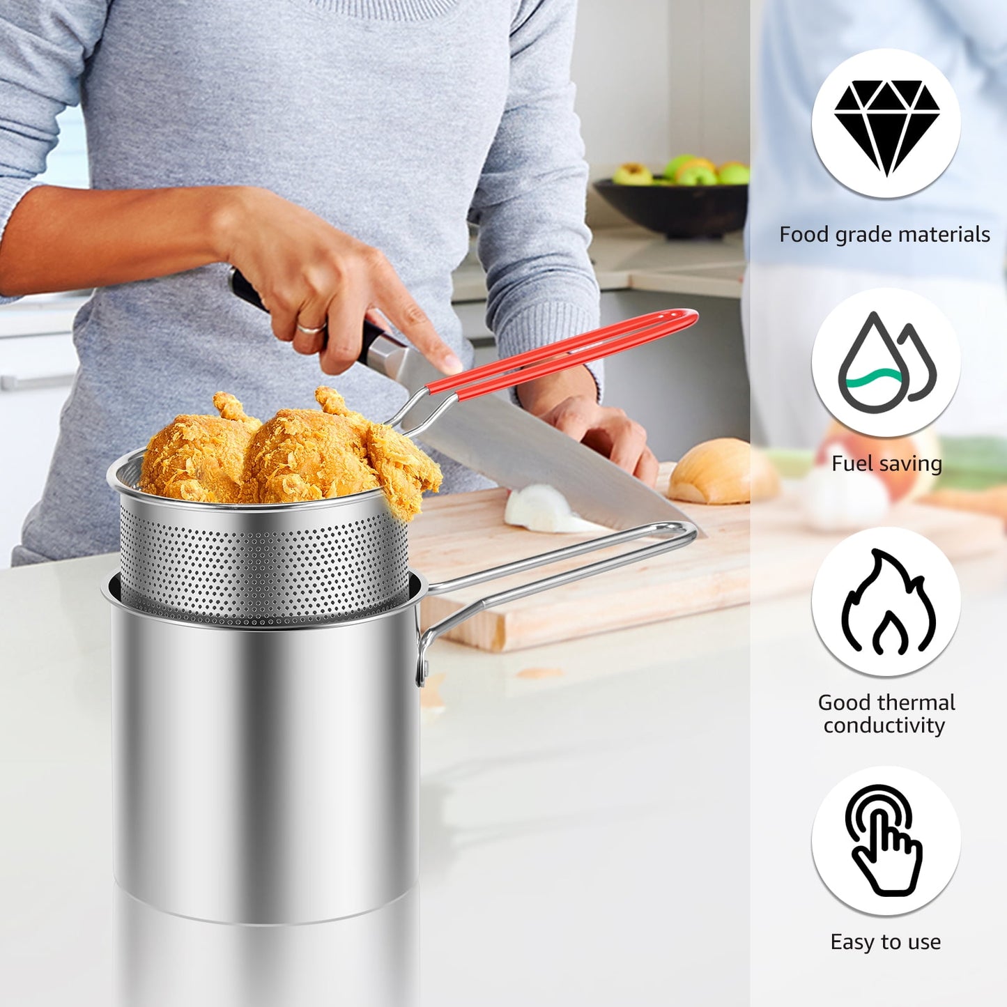 Deep Fryer with Strainer Basket and Handle Stainless Steel Fry Pot Durable Food Grade Outdoor Fryer with Lid Portable Food Cooking Pot for Frying Fish Shrimp Chicken and Fries