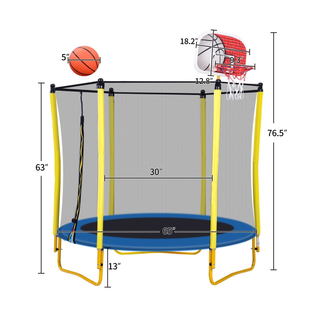 5.5FT Trampoline for Kids,65" Outdoor & Indoor Mini Toddler Trampoline with Enclosure, Basketball Hoop and Ball Included,Recreational Trampoline for Toddler Age 1-6