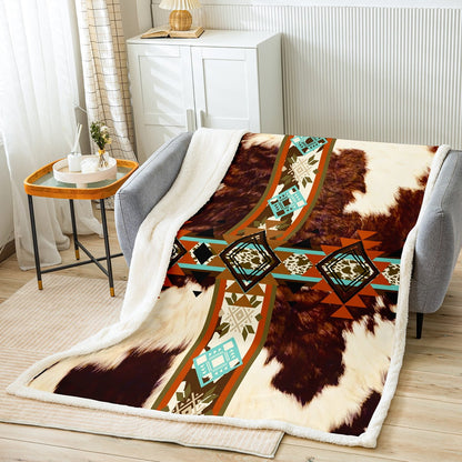 Cowhide Blanket Western Throw Blanket 90"x90",Brown Highland Cow Print Fleece Blanket Exotic Aztec Diamond Blankets,Farm Animals Bull Cattle Skin Room Decor Cowboys Gifts for Women